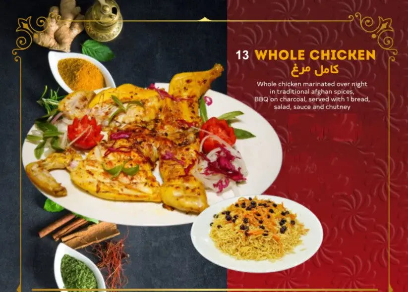 Whole Chicken, Grilled Chicken, Hamilton East, Salam Afghan Food. Whole Chicken Marinated overnight in spices, BBQ on Charcoal Chicken.